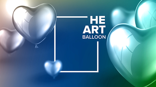 Invitation Postcard For Surprise Party Vector. Postcard Decorated By Realistic Glossy Blue And Green Flying Helium Balloon In Shape Of Heart For Rejoice On Anniversary Birthday Party. 3d Illustration