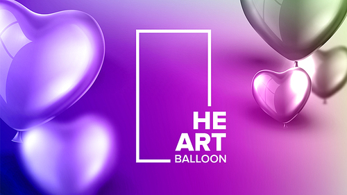 Colorful Nifty And Zooty Carnival Banner Vector. Closeup Realistic Glossy Blue And Purple Helium Flying Balloons In Shape Of Heart And Vertical Frame On Stylish Banner. 3d Illustration