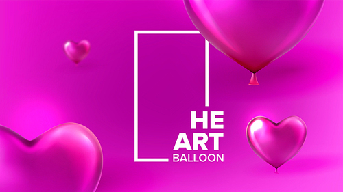International Lovely Valentine Day Banner Vector. Realistic Glossy Pink Bubbles In Shape Of Heart And Vertical White Frame For February Romantic Day Party. Fashionable Amour Postcard 3d Illustration