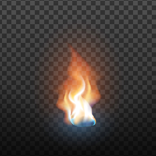 Realistic Design Burning Blaze Element Vector. Fiery Heat Single Burning Orange Fire Translucent Torch Light Tongue Effect Isolated On Transparency Grid Background. 3d Illustration
