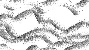 Pointillism, Abstract Waves, Curves Lines Vector Background. Wavy Monochrome Pointillism Backdrop. Stylized Hills, Sea Dotwork. Black Dots, Spots Halftone Drawing. Smooth Curls Realistic Illustration