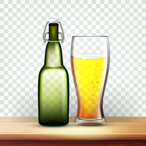 Realistic Bottle And Glass With Frothy Beer Vector. Mockup Template With Bar Stopper For Liquid Bottle With Holder And Blank Label Isolated On Transparency Grid Background. 3d Illustration