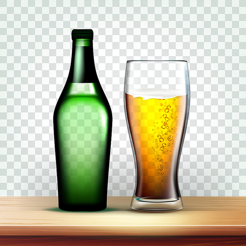 Realistic Bottle And Goblet With Foamy Beer Vector. Mockup Of Green Bottle With Blank Label Near Alcohol Lager Drink In Glass On Wooden Table Isolated On Transparency Grid Background. 3d Illustration