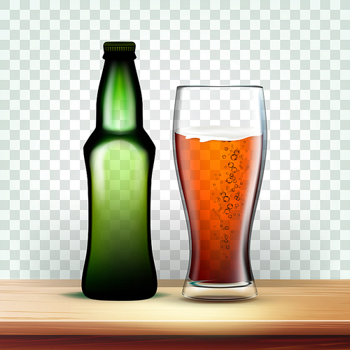 Realistic Bottle And Goblet With Dark Beer Vector. Template Of Green Flask With Lid And Blank Label Near Bubbles Beer In Glass On Shelf Isolated On Transparency Grid Background. 3d Illustration