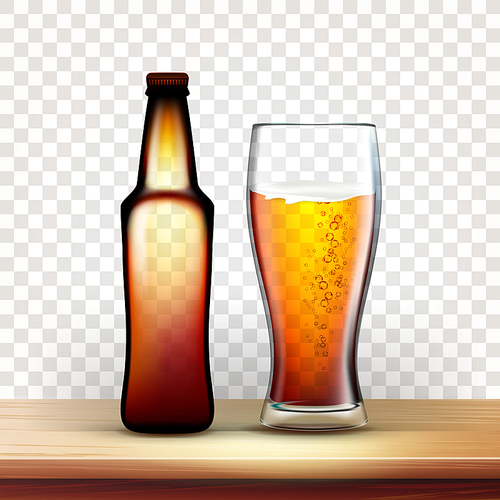 Realistic Bottle And Full Glass Of Red Beer Vector. Container For Foamy Lager Beverage And Goblet On Wooden Table. Mockup Blank Sticker. Image Isolated On Transparency Grid Background. 3d Illustration