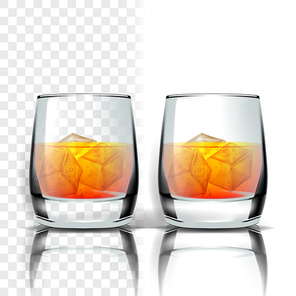 Realistic Glass With Whisky And Ice Cubes Vector. Scottish Whisky, Brandy Or Bourbon Distilled Cold Golden Alcoholic Beverage Isolated On Transparency Grid Background. 3d Illustration