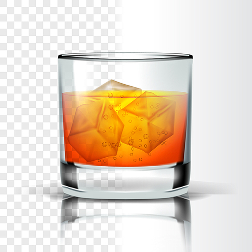 Realistic Glass With Bourbon And Ice Cubes Vector. Whisky Or Bourbon Distilled And Aging In Wooden Barrel Alcoholic Drink With Bubbles Isolated On Transparency Grid Background. 3d Illustration