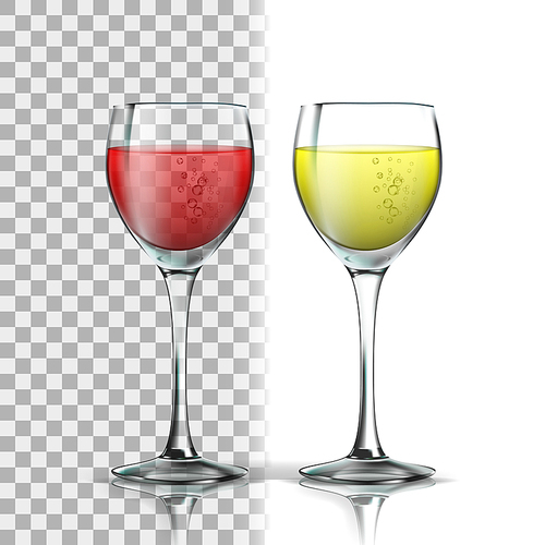 Realistic Glass With Red And White Wine Vector. Full Glasswine With Wine. Production From Fermented Grape Alcoholic Drink With Bubbles. Isolated On Transparency Grid Background. 3d Illustration