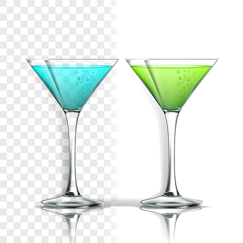 Realistic Glass With Alcoholic Cocktail Vector. Blue Lagune And Detoxing Organic Green Mixed Energy Alcoholic Beverage Liquor Isolated On Transparency Grid Background. 3d Illustration