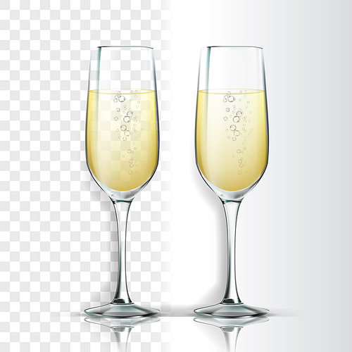 Realistic Glass With Sparkling Champagne Vector. Champagne Is White Wine Product. Crystal Luxury Elegant Alcoholic Beverage With Bubbles Isolated On Transparency Grid Background. 3d Illustration