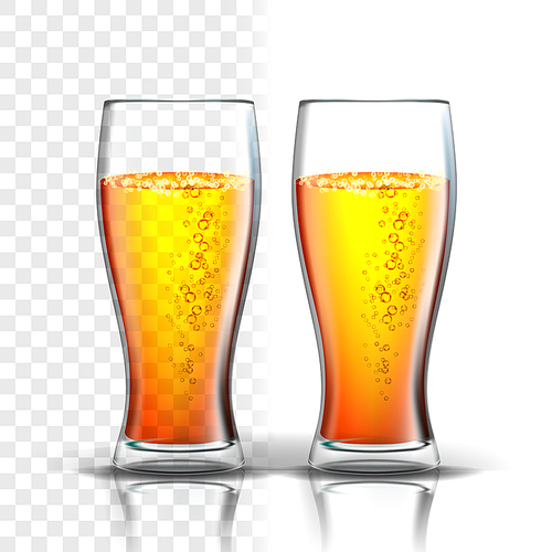 Realistic Glass With Bubbles Lager Beer Vector. Mockup Template Pint Of Light Foamy Alcoholic Craft Brewed Booze Drink In Goblet Isolated On Transparency Grid Background. 3d Illustration