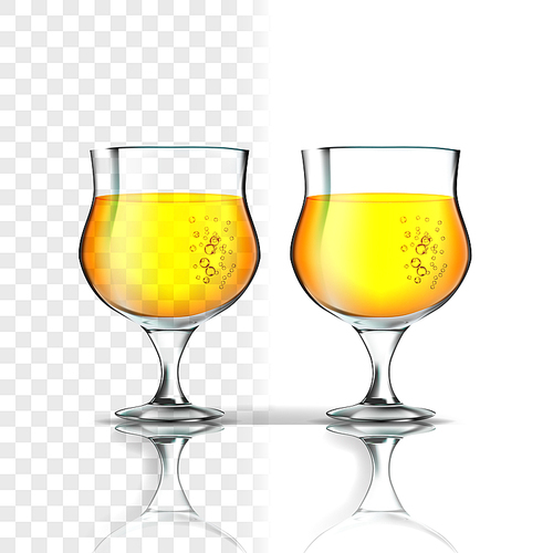 Realistic Glass With Apple Cider Or Beer Vector. Mockup Template Orange Golden Cognac, Sctoch Or Cider Alcoholic Beverage In Glass Isolated On Transparency Grid Background. 3d Illustration