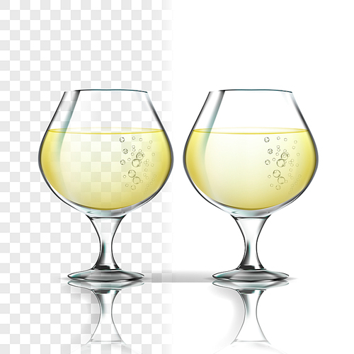 Realistic Glass With White Wine Riesling Vector. Mockup Natural Chardonnay, Aligote Or Muscat White Grape Wine In Wineglass Isolated On Transparency Grid Background. 3d Illustration