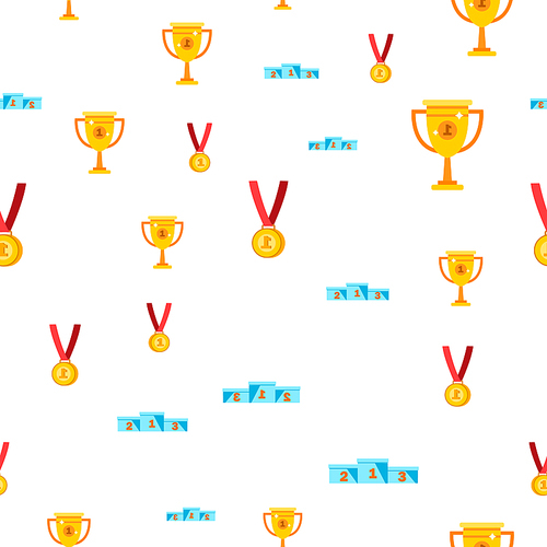 Award Seamless Pattern Vector. Gold Cup Prize. Victory Symbol. Challenge. Cute Graphic Texture. Textile Backdrop. Cartoon Background Illustration