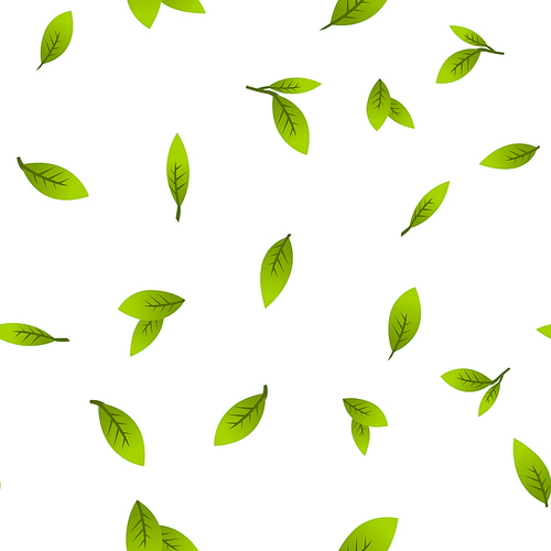 Green Leaves, Twigs Cartoon Vector Seamless Pattern. Sprouts, Plants, Bush, Tea Leaves Falling Textile, Fabric, Backdrop. Tree Branches On White Background. Nature, Botany Flat Illustration