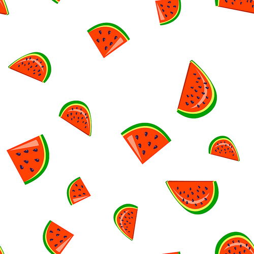 Watermelon Fresh Slices Cartoon Vector Seamless Pattern. Retro Juicy Watermelon Textile, Fabric, Backdrop. Summer Season Fruits With Seeds Background. Ripe, Raw Food Flat Illustration