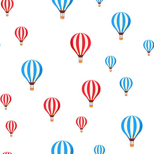 Air Balloons Flying Cartoon Vector Seamless Pattern. Blue And Red Striped Hot Air Balloons Textile, Fabric, Backdrop. Vintage Airships On White Background. Traveling And Tourism Flat Illustration