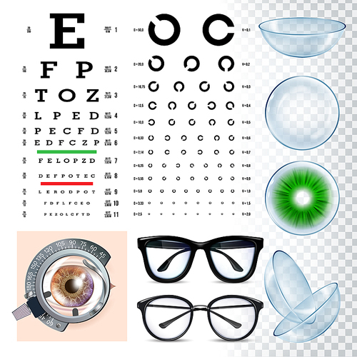 Ophthalmology Tools, Sight Examination Equipment Vector Set. Ophthalmology Accessories, Eye Test, Spectacles, Lenses And Phoropter. Ophthalmologist Visit. Eyesight Examination Realistic Illustration