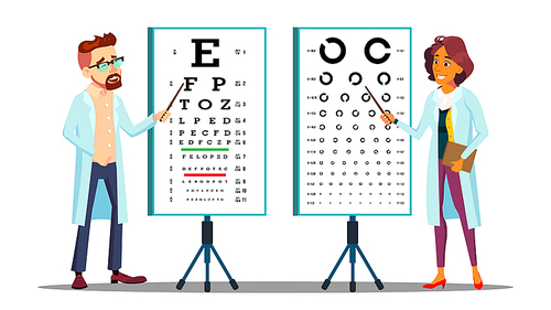 Ophthalmologist Examining Patient Eyesight Vector Characters Set. Ophthalmologists Pointing At Eye Chart Letter, Symbol Isolated Cliparts Pack. Cartoon Optician. Optometrist Check-Up Flat Illustration