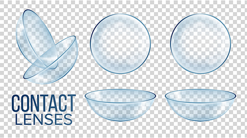 Medical Glass Contact Optical Lenses Set Vector. Realistic Style Medical Device Worn To Correct Vision, Cosmetic Or Therapeutic Help On Isolated Transparent Background. 3d Illustration