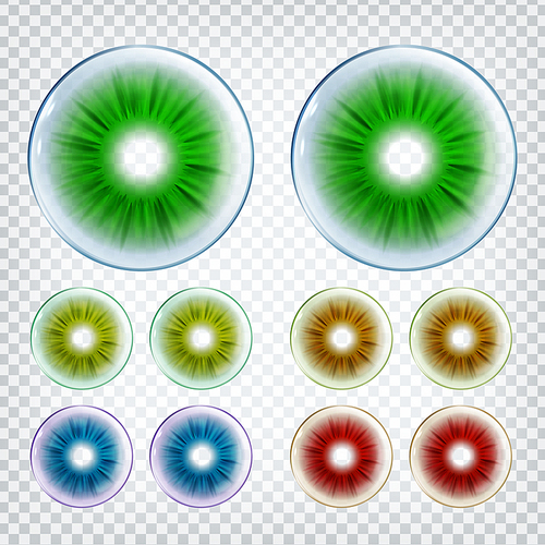 Medical Colorful Contact Optical Lenses Set Vector. Realistic Medical Device With Different Green And Red, Brown, Yellow And Blue Colors. Modern Accessories For Correct Vision. 3d Illustration