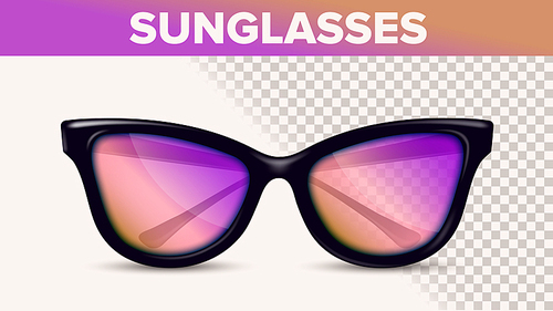 Vintage Stylish Sunglasses, Trendy Vector 3D Shades. Sunglasses With Pink Gradient Lens Isolated Clipart. Optics Store Assortment. Eyewear On Transparent Background. Accessories Realistic Illustration