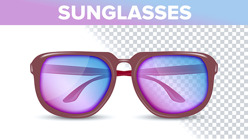 Stylish Color Sunglasses, Trendy Vector 3D Shades. Sunglasses With Purple Lens Isolated Clipart. Optics Store. Eyewear On Transparent Background. Sun Protection Accessories Realistic Illustration