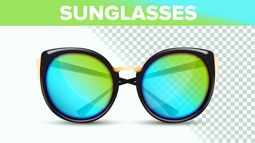 Cat Eye Sunglasses, Trendy Vector 3D Shades. Retro Sunglasses With Blue And Green Gradient Lens Isolated Clip Art. Fashionable Eyewear On Transparent Background. Accessories Realistic Illustration