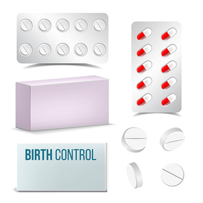 Realistic Female Oral Contraceptive Pills Vector. Contraceptive, Drug And Pills With Clipping Path And Packing On White Background. Medical Healthcare Pharmacy. Flat Cartoon Illustration