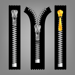 Different Open And Closed Zippers Set Vector. Different Gold And Silver Metallic Fasteners And Zippers. Garment Components And Handbag Accessories. Grey Background Isolated 3d Illustration