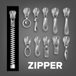 Realistic Metallic And Plastic Fastener Set Vector. Zipper, Fabric Pull And Fastener On Black Background. Garment Components For Bags And Bungee Cord Accessory. Isolated 3d Illustration