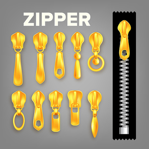 Set Of Golden Metal And Plastic Zipper Vector. Realistic Zippers And Pullers. Modern Stylish Element Apparel And Accessory. Detail Decoration Of Clothing. Isolated 3d Illustration