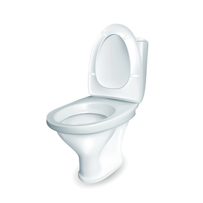 Realistic Restroom Ceramic Toilet Bowl Vector. Household Ceramic Lavatory And General Mockup With Opened Raised Plastic Seat. Element Of Sanitary Cabinet Side View Image 3d Illustration