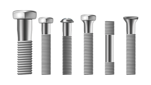 Realistic Types Of Steel Brass Bolt Set Vector. Assortment Of Different Metallic Bolt, Screw And Rivet. Iron Construction Elements. Side View Isolated Detail Image. 3d Illustration