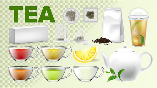 Tea Cups And Pot Kitchenware Vector Realistic Set. Ice Tea With Mint And Lemon In Plastic Takeaway Cup. Hot Beverage, Drink On Transparent Background. Teabags, Boxes, Packages Mockups 3D Illustration