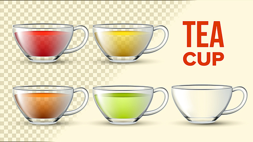 tea cups with color liquid vector 3d set. black, green, red, herbal tea in glass cups isolated clipart. kitchenware with hot beverage on transparent . glassware mockup realistic illustration