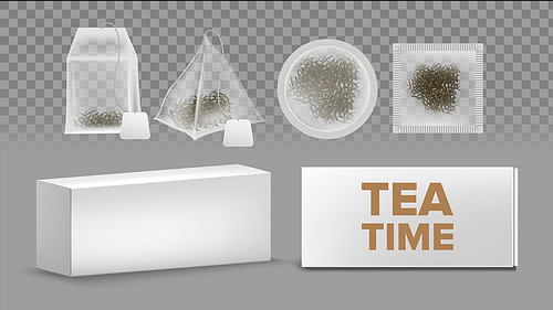 Teabags Mockups With Labels Various Shapes Vector Set. Rectangle, Circle, Square, Pyramid Teabags Isolated Cliparts Pack. Blank Tea Box. Black, Green, Herbal Tea 3D Realistic Illustration