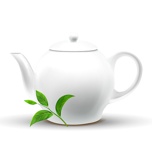 ceramic white teapot with vector green tea leaf. teapot mockup isolated design element. , organic black ceylon tea plant clipart. herb, twig. porcelain kettle 3d realistic illustration