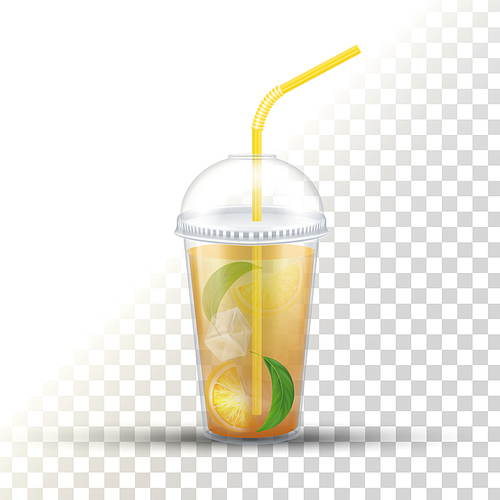 Ice Tea Plastic Takeaway Vector 3D Cup. Takeout Cup With Yellow Straw Isolated Clipart. Refreshing Summer Drink With Lemon, Ice Cubes. Lemonade, Mojito Cocktail Realistic Illustration