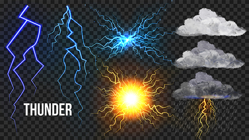Thunder, Lightnigs Set Vector. Bolt, Night Sky Magic Bright Sparkle Effect. Fireball, Rain, Cloudy. Bad Weather Thunderbolt. Danger Electricity Blast Storm. Isolated Transparent Illustration