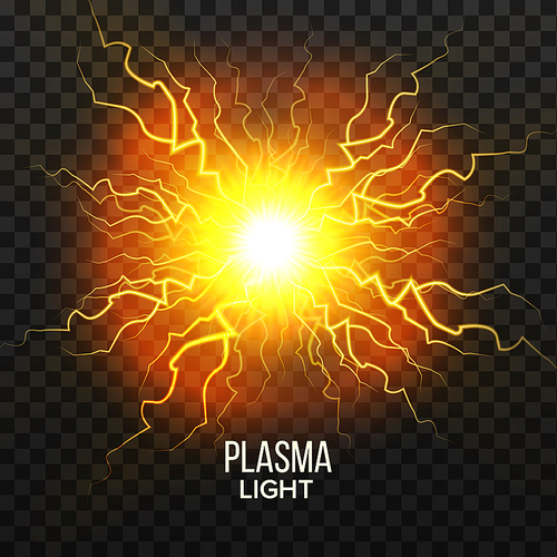 Fireball Plasma Vector. Lightning Effect. Magic Explosion. Voltage Sphere. Realistic Transparent Illustration