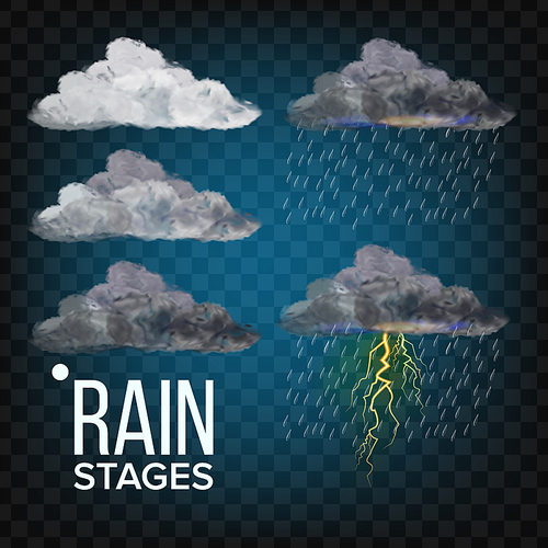 Rain Stages Vector. Cloud, Storm. Weather Icon Realistic Transparent Illustration