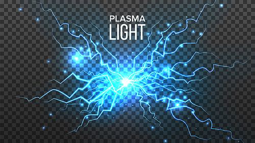 Plasma Light Vector. Electric Power. Energy Effect. Blue Spark Bolt. Realistic Transparent Illustration
