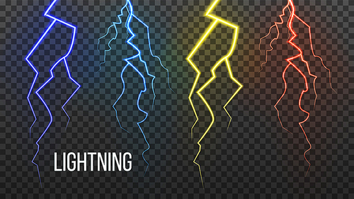 Lightning Vector. Storm Flash Thunder. Electric Power. Realistic Transparent Illustration