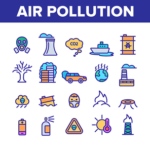 Environmental Air Pollution Linear Icons Vector Set. Smog, Toxic Waste, CO2 Air Pollution Thin Line Illustrations Pack. Factory Smoke, Gas, Dust Ecosystem Danger. Environmental Issues Outline Symbols