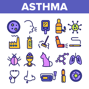 Asthma Illness Vector Thin Line Icons Set. Asthma Medical Condition Symptoms Contour Symbols. Asthmatic Disease Reasons, Treatment. Viruses Affecting Lungs, Respiratory System Outline Illustrations