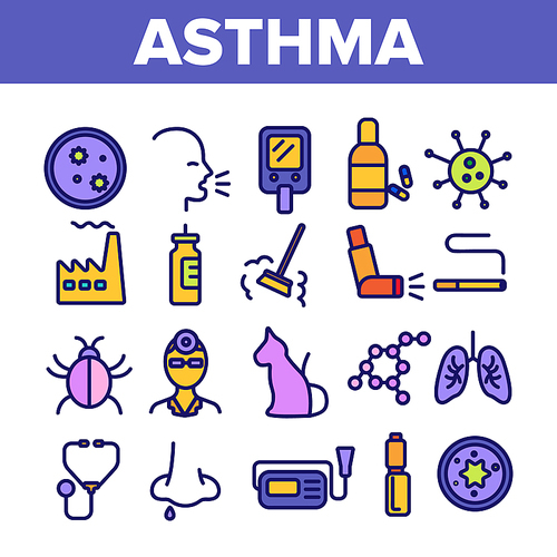 Asthma Illness Vector Thin Line Icons Set. Asthma Medical Condition Symptoms Contour Symbols. Asthmatic Disease Reasons, Treatment. Viruses Affecting Lungs, Respiratory System Outline Illustrations