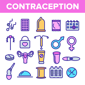 Contraception Linear Vector Icons Set. Contraception Thin Line Contour Symbols. Pregnancy Prevention Pictograms Collection. Safe Sex, Medical Birth Control. Pills, Condoms Outline Illustrations