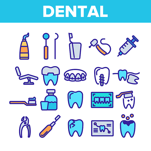 Dental Services, Stomatology Linear Vector Icons Set. Dentistry Clinic Thin Line Symbols Pack. Dentist Equipment Pictograms. Oral Cavity Treatment, Teeth Cure. Orthodontics Tools Outline Illustrations