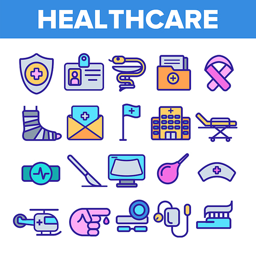 Healthcare Linear Vector Icons Set. Healthcare Thin Line Contour Symbols. Ambulance, First Aid Pictograms Collection. Medical Assistance, Health Insurance. Hospital Treatment Outline Illustrations